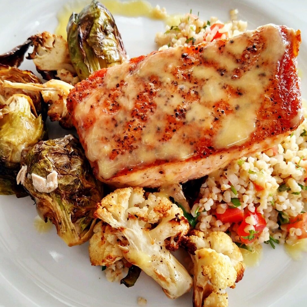 Plated entree with roasted vegetables from Off The Shelf catering for a TV production set in Los Angeles