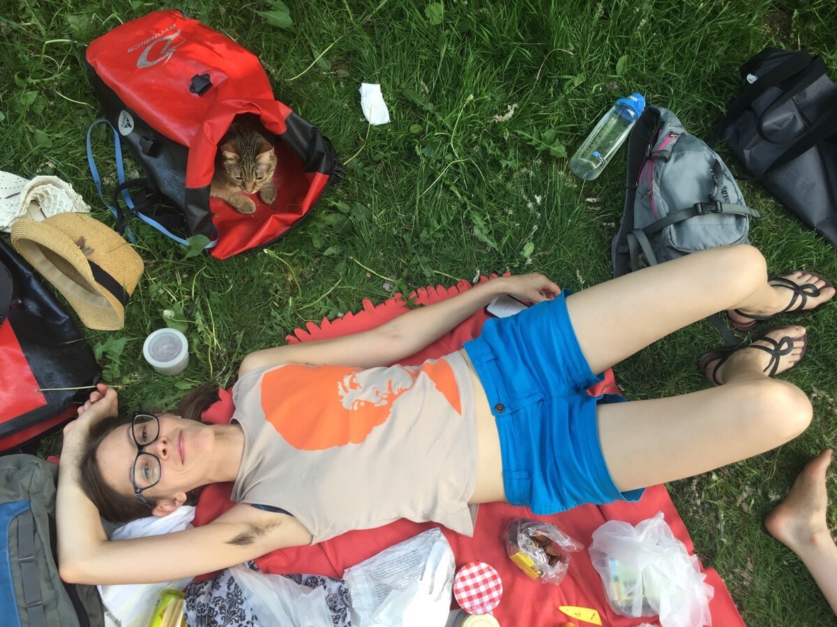 Armpit hair, Angela Davis shirt, pots of homemade hummus, bare limbs, cat on a leash nibbling cheese - we are the creeping feminist, post-speciesist conspiracy of the new era. Good times! (Photo courtesy of the remarkably brilliant & sensual Julian Gough)