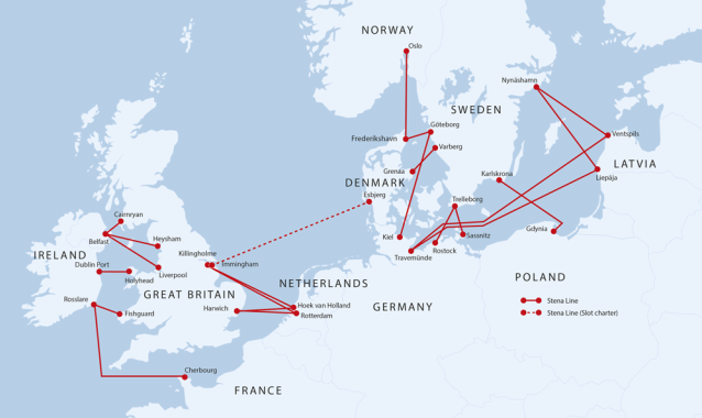 The Stena Line ferry route map. Very pet-friendly company. This is how you get around Europe by sea. 