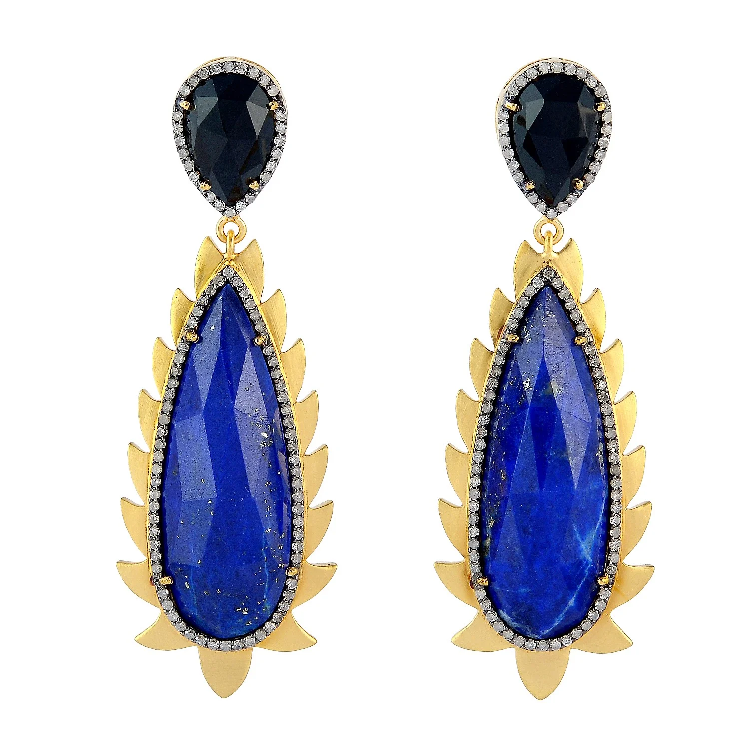 Flame Earrings Lapis, Diamonds &amp; Black Onyx