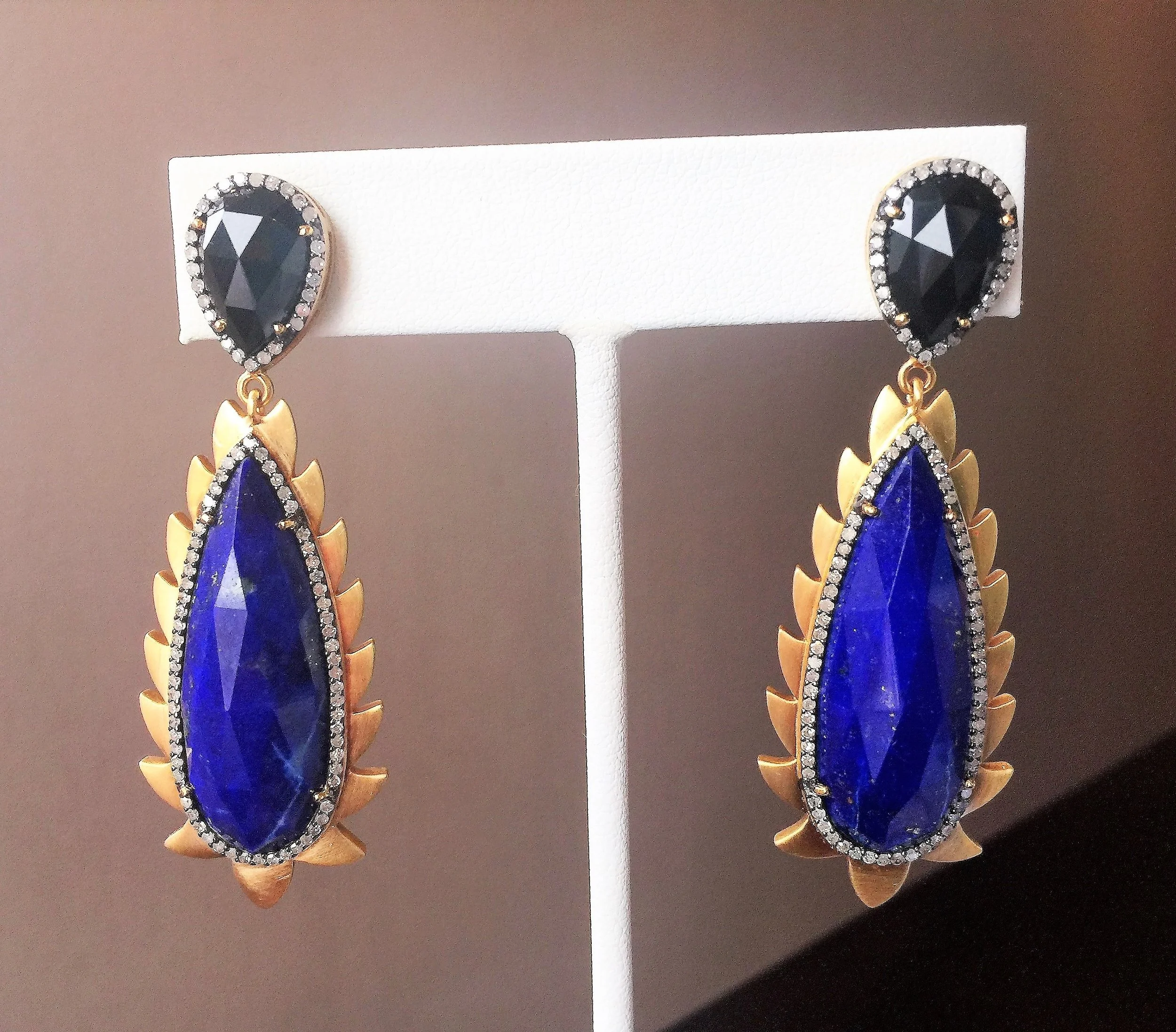 Flame Earrings Lapis, Diamonds &amp; Black Onyx