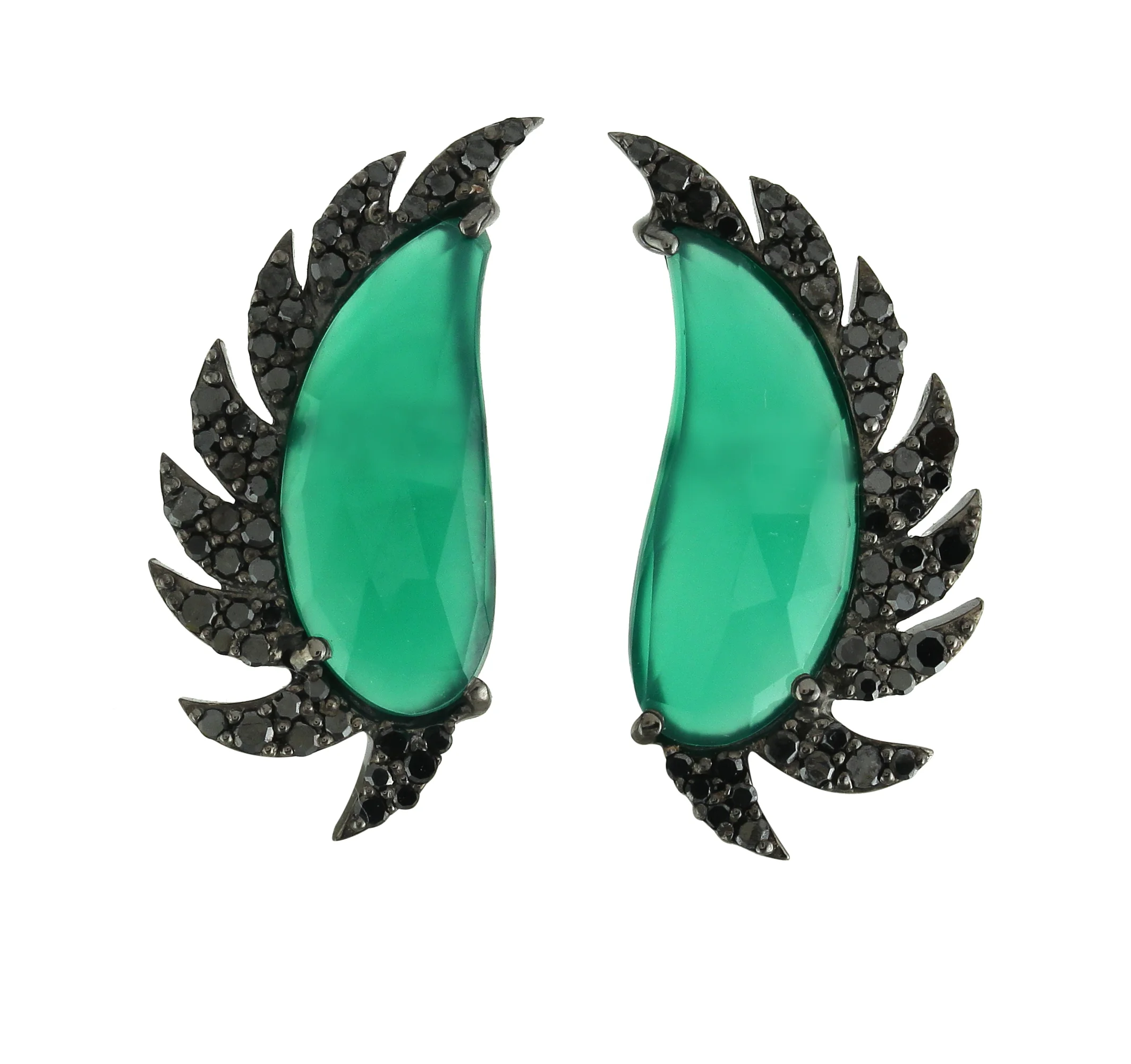 Claw Half Moon Studs - Green Onyx &amp; Black Diamonds