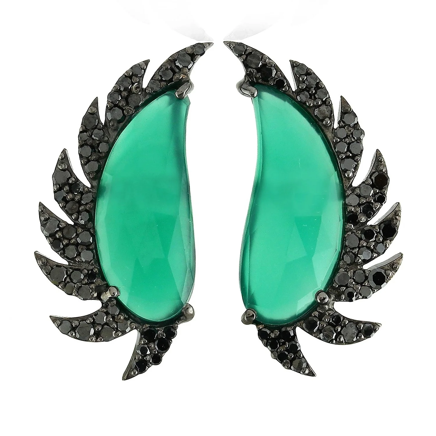 Claw Half Moon Studs Green Onyx &amp; Black Diamonds