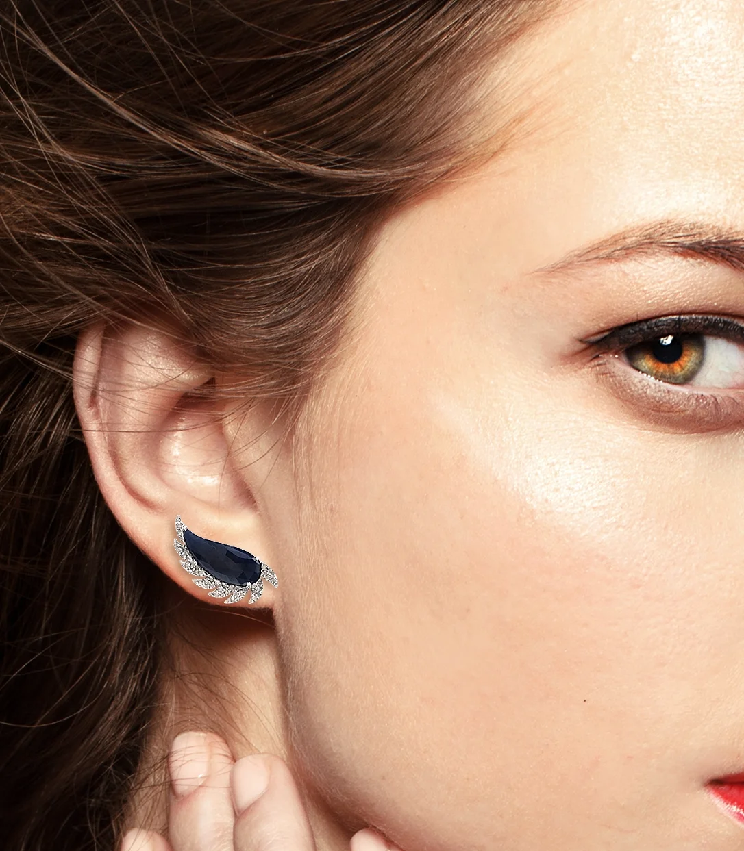 Claw Half Moon Studs Blue Sapphire & Diamonds