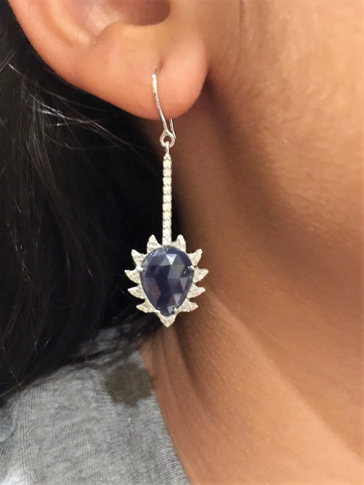 Linear Claw Drop Earrings Blue Sapphire &amp; Diamonds