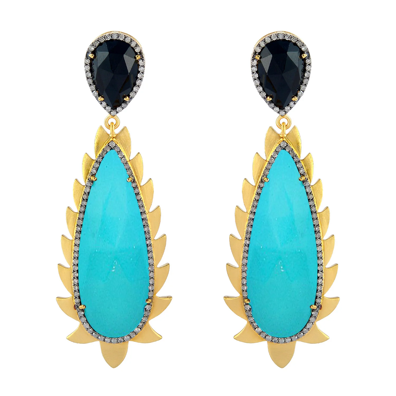 Flame Earrings - Turquoise, Diamonds &amp; Black Onyx