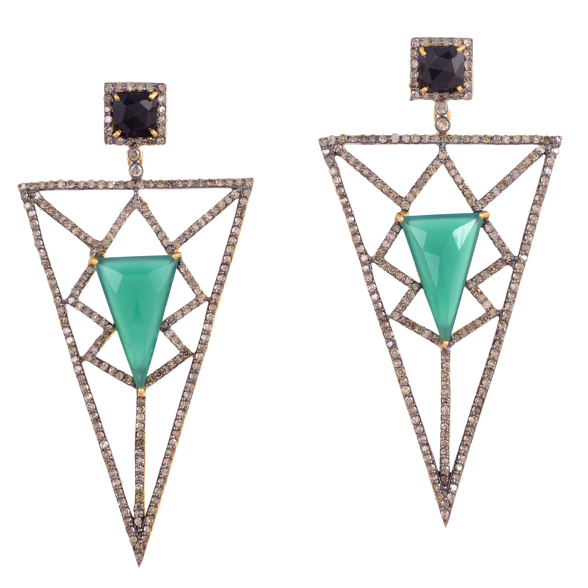 Pyramid Earring - Green Onyx and Diamonds