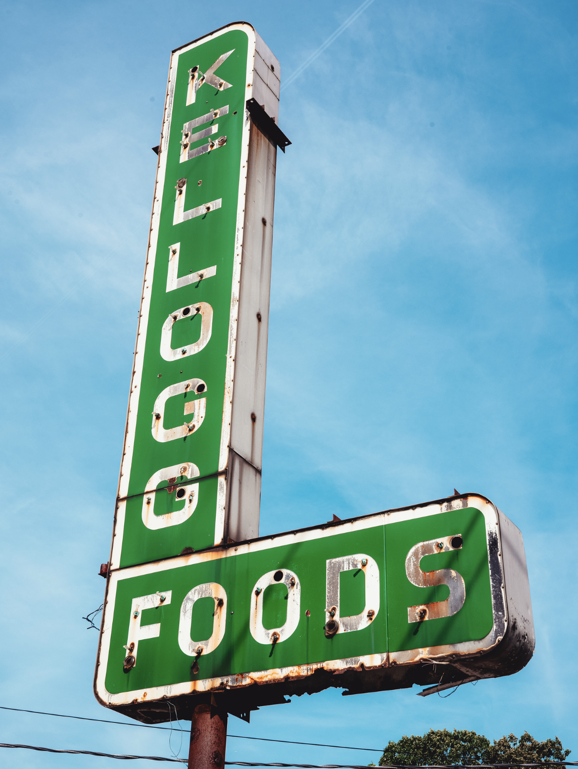 An old, weathered sign with a green background that reads "GROCERY" vertically and "FOODS" horizontally in white letters, against a blue sky.