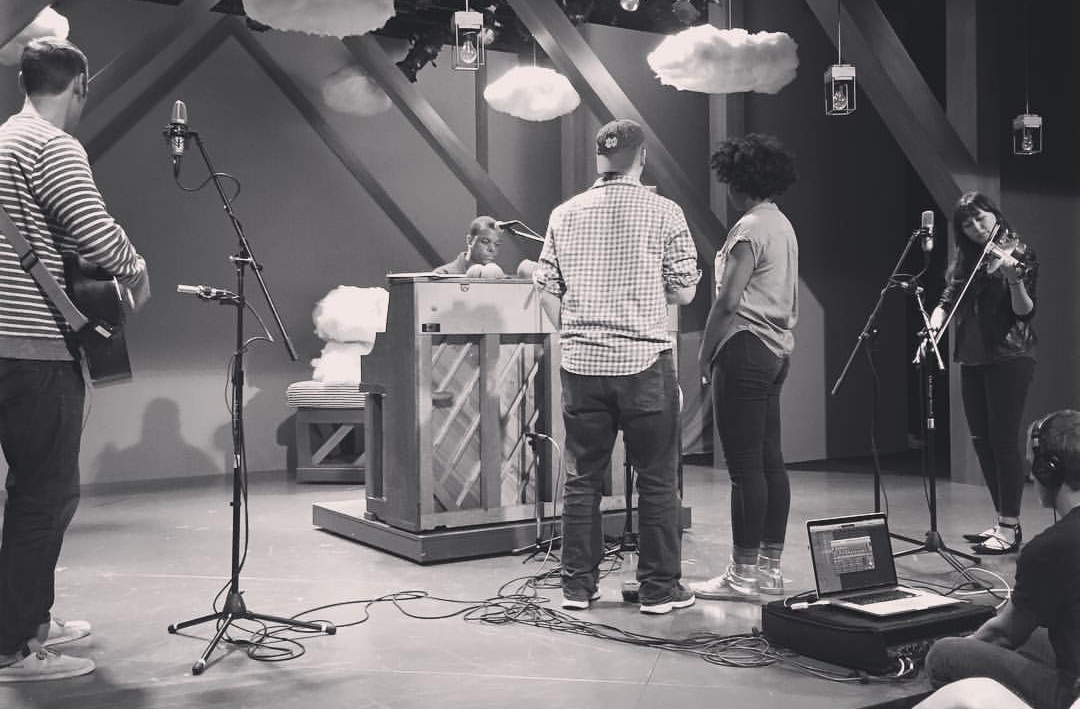 The cast of Light Princess recording a few songs. From left: Alex Bechtel, Rob Tucker, Tony Lawton, Brett Robinson and Emily Gardner Xu Hall