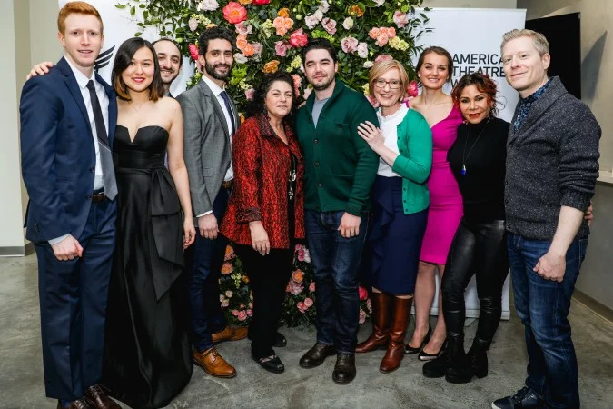 The award winners with Julie Larson, Heather Hitchens and members of the original cast of Rent. From left: Ben Wexler, Emily Gardner Xu Hall, Andy Roninson, Avi Amon, Julie Larson, Matt McCollum, Heather Hitchens, Julie Gytri, Daphne Rubin-Vega, Anthony Rapp. Photo: Marc J. Franklin for Playbill