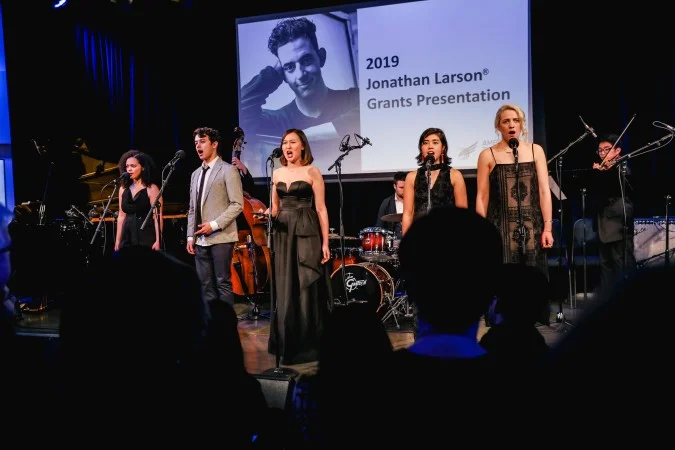 “The Man In Paris” from Untitled Cherry Orchard Musical, music & lyrics by Emily Gardner Xu Hall. Pictured: Jordan Tyson, Charlie Oh, Emily Gardner Xu Hall, Jeremy Smith (drums), Isabella Dawis, Rachael Duddy, Jay Julio (violin). Photo: Marc J. Franklin for Playbill