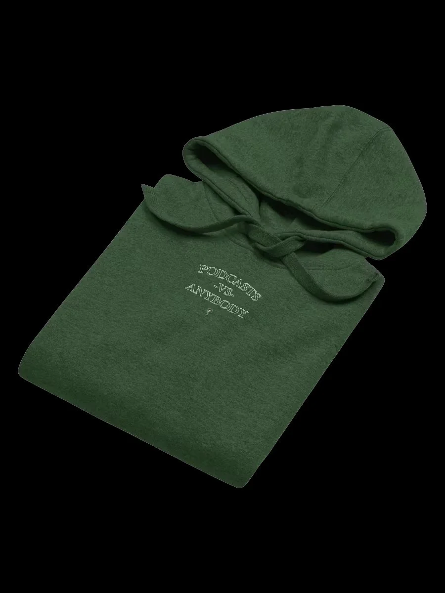  The Official 'Podcasts vs Anybody' EMBROIDERED Hoodie – bold and unapologetic. Rep your love for the Podcast medium with this conversation-starting pullover hoodie while channeling the fearless spirit of independent creators. Perfect for true audio 