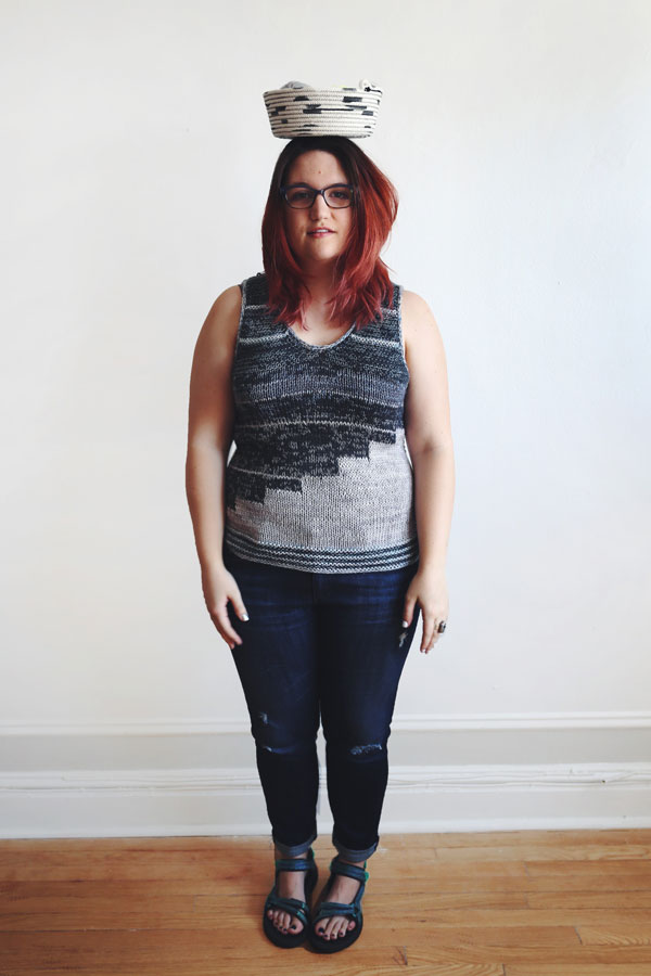 Rachel wearing NUUFORM top and Cord Basket by Angela Malchionno 