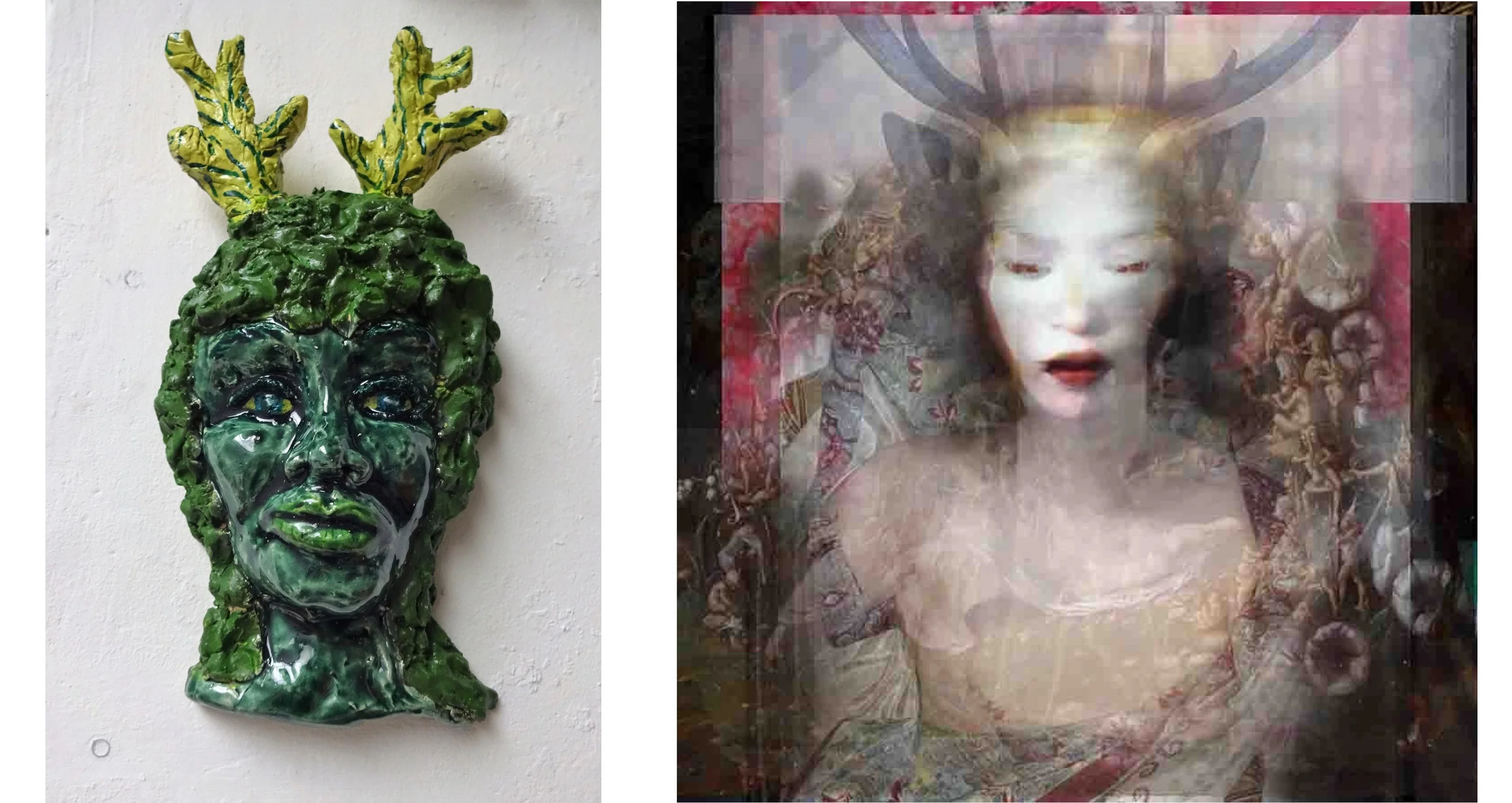 Foto links: Vrouw met gewei -2018 Jeannet Klement Keramiek Foto rechts: Horned Head- 2018 Lisa Holden fotowerk