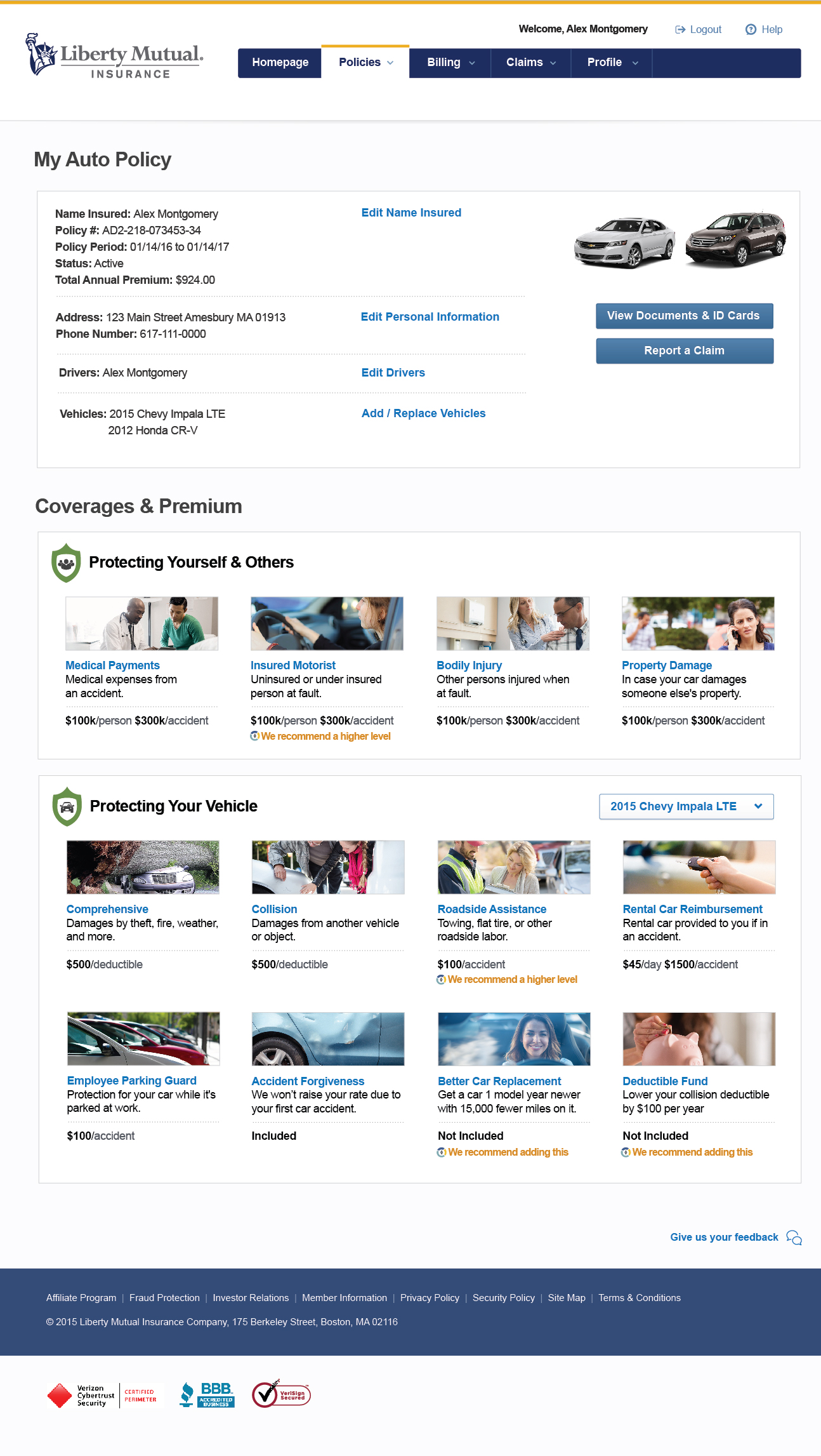 Post Usability - Policy page provides overview information and categorized coverages and recommendations.