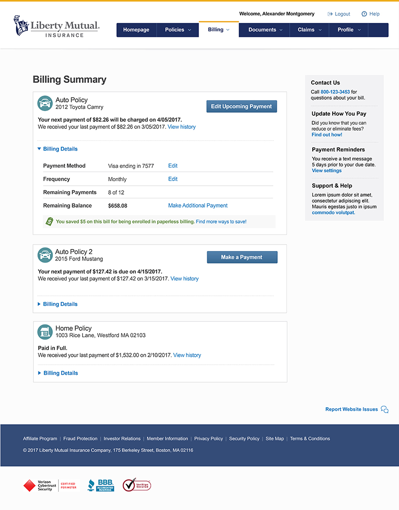 Post Usability - Billing Summary page provides users with detailed billing options for each policy they have.