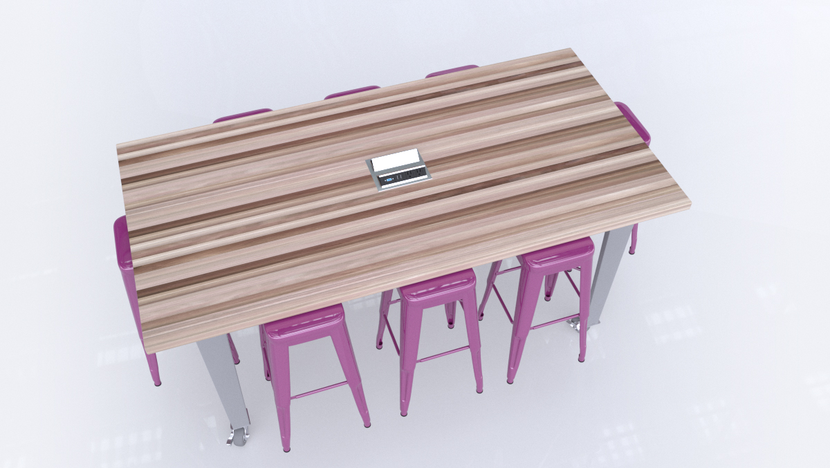 The IDEA Island 48” x 84” solid maple butcher block work surface with integrated electrical