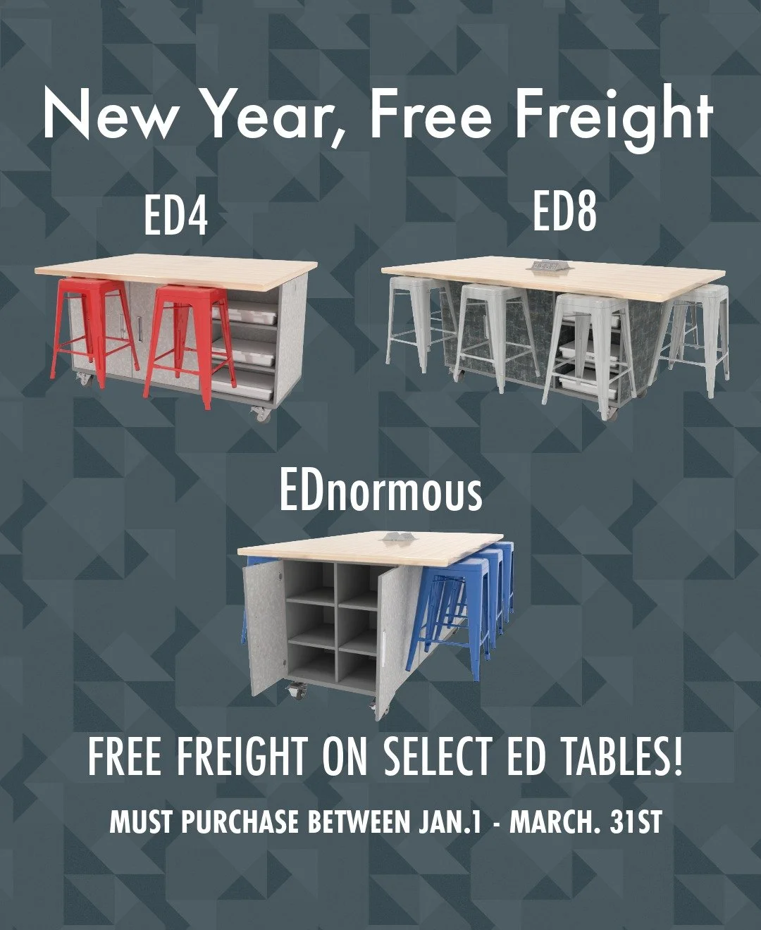 New year, smart savings.
We&rsquo;re offering free freight on select ED4, ED8, and EDnormous tables from January 1&ndash;March 31. Now&rsquo;s the perfect time to plan ahead and lock in your order. 

Visit our website to learn about available options
