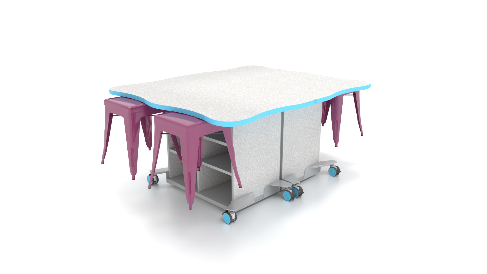CEF_ESTO_Split_Table_3050_wave_split_shelf_fshx_SKyBlue_fshx_GREY_SkyBlu_double_purple_stools.png