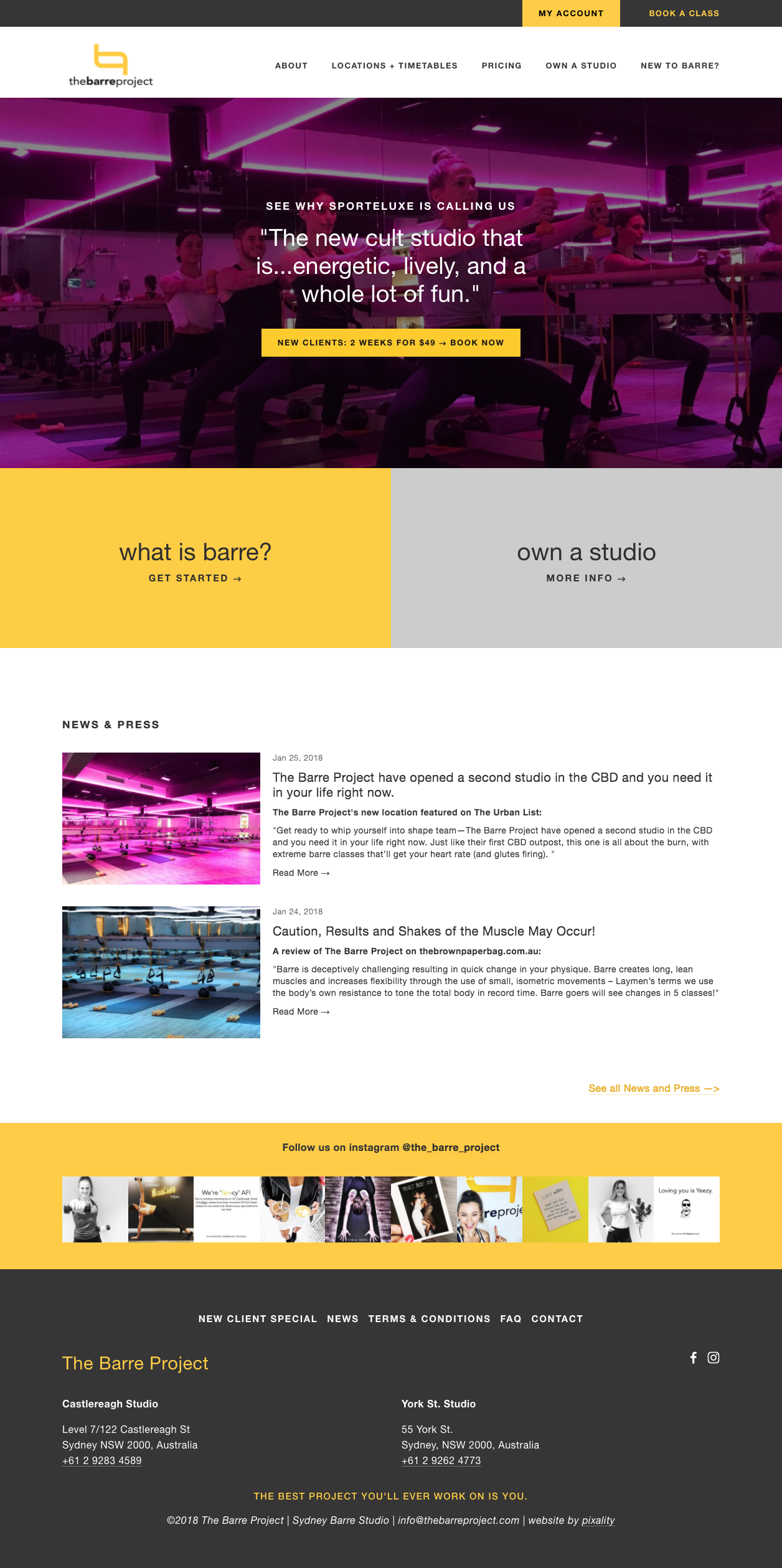 Home Page website design for The Barre Project