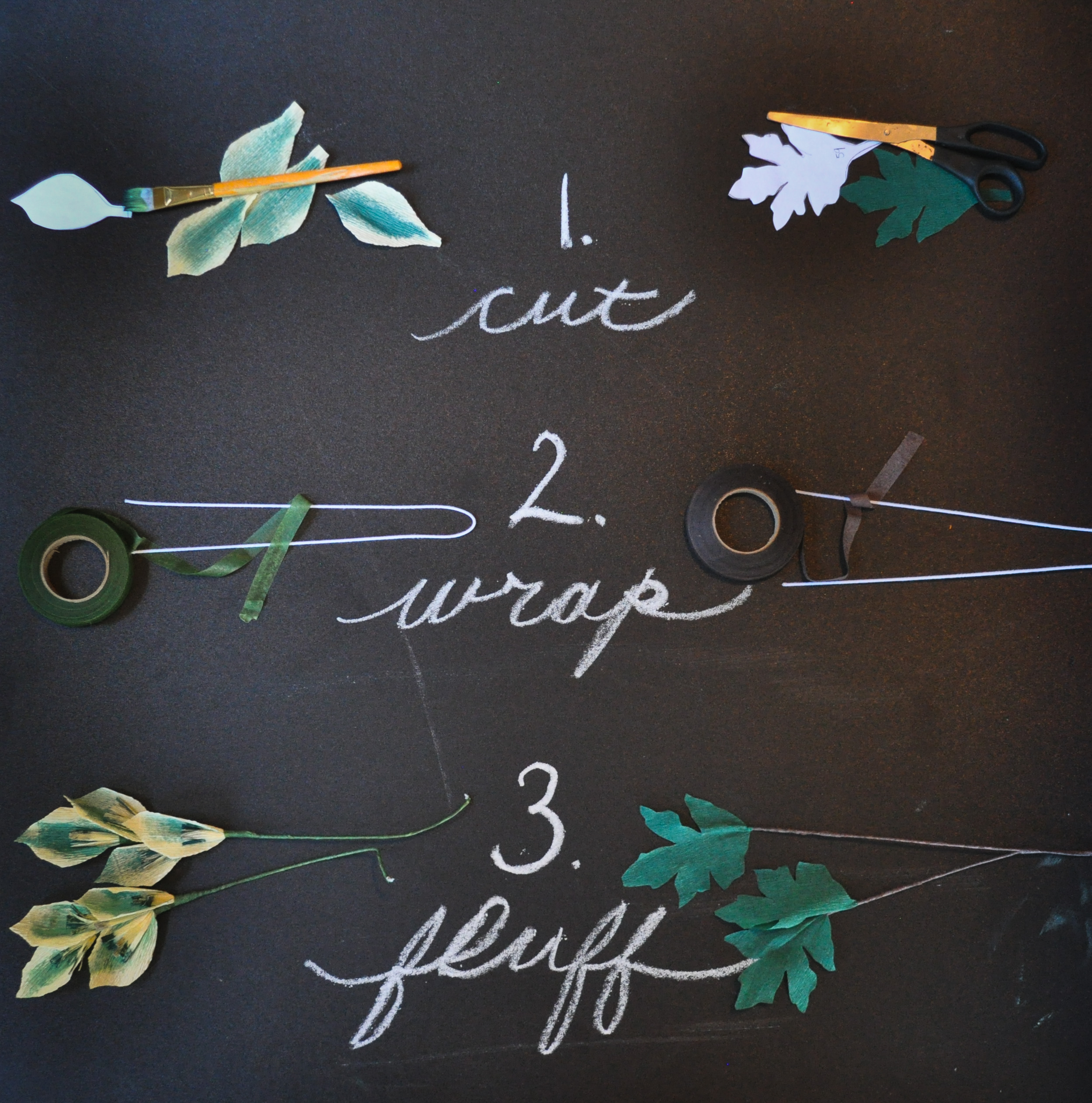 For the leaves on the left I used DOUBLE ply crepe paper. It's like thin cardboard almost. It's super thick paper and absorbs paint nicely. 