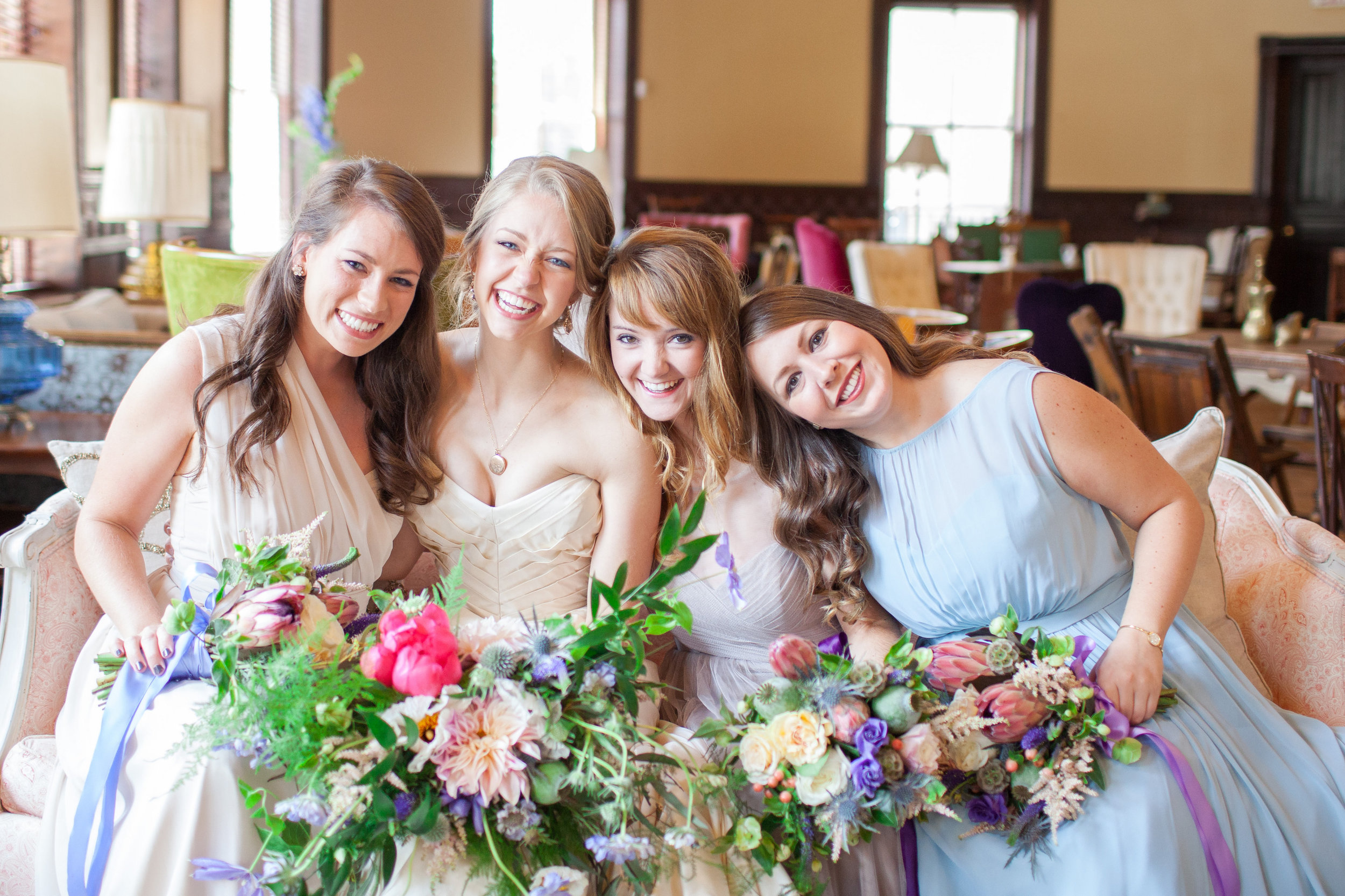 Mix and match bridesmaid dresses with vintage inspired florals. Georgia wedding.