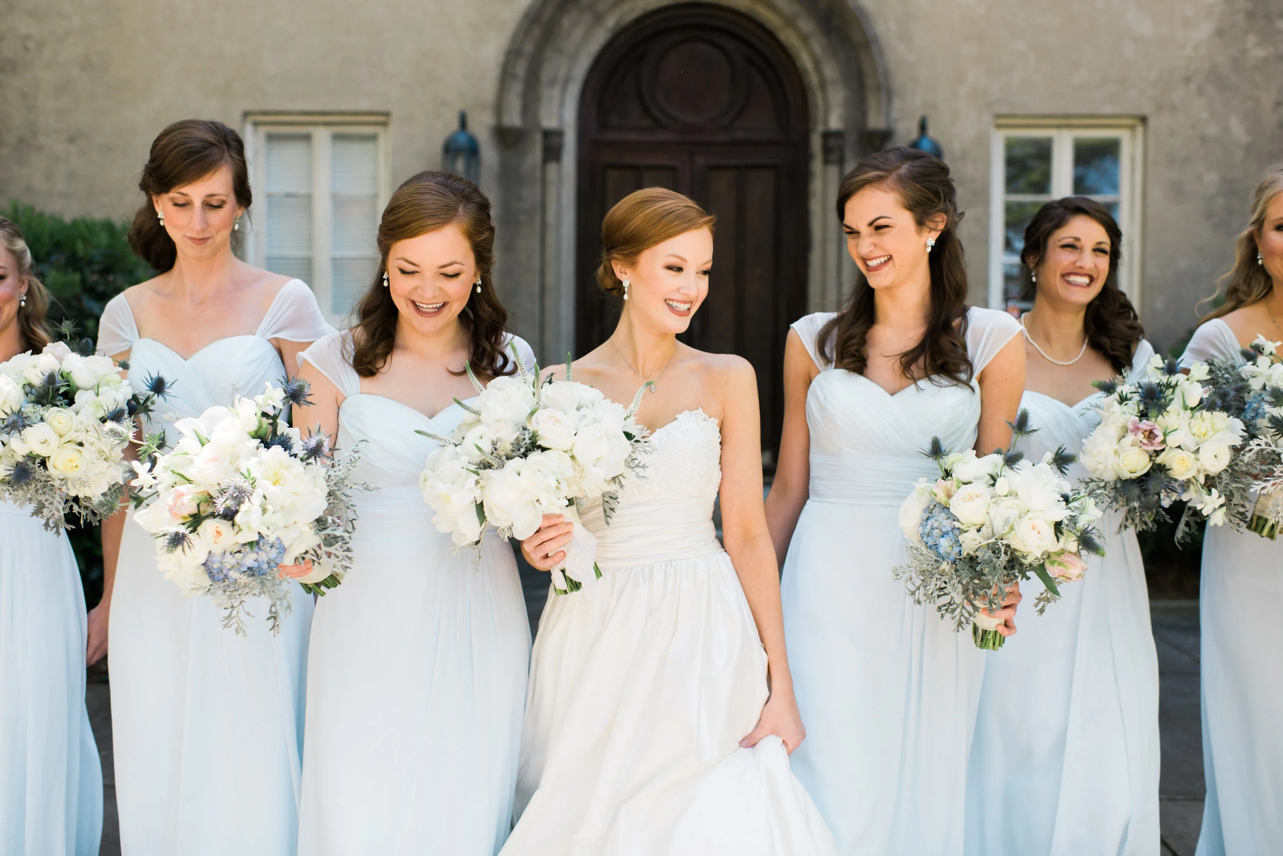 Bridesmaids in airy blue dresses Macon, GA wedding