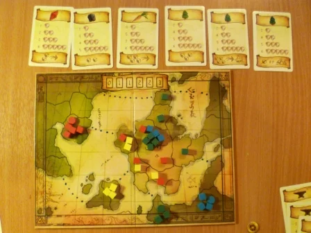 Eight Minute Empire midgame with the card row at the top.