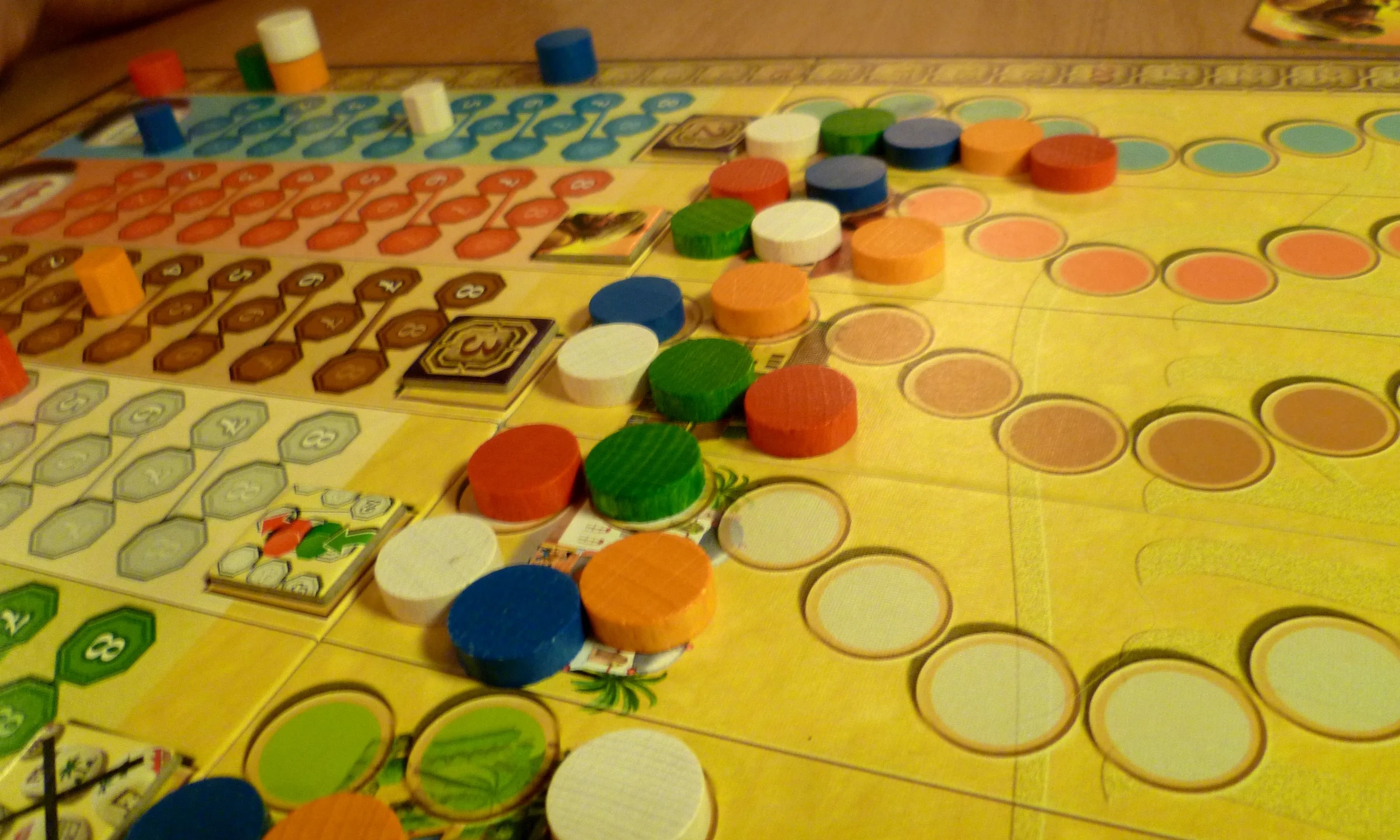 A close up of the dice track (left) and control track (right). On the Brown strip orange with the lead, will gain 3 points in the first scoring, if he maintains that lead he will get 10 points in the second round and 18 in the third. 