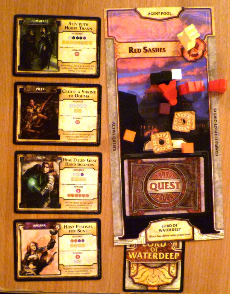 Player board with quests under way to the left, completed quests are placed face down on the player board