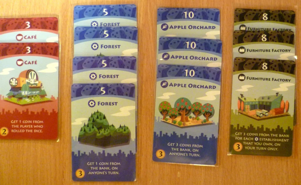 Part layout of cards in Machi Koro, with a roll of 8 this player is looking to gain 36 cash.