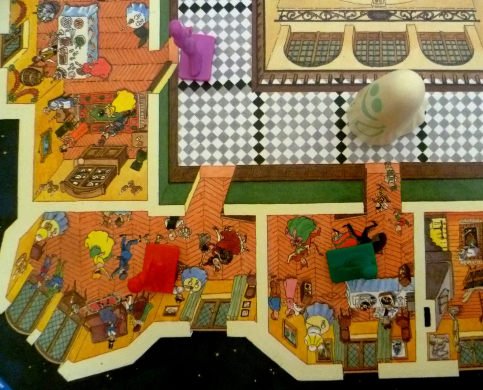 Hugo the ghost chasing purple whilst green and red are safe in rooms