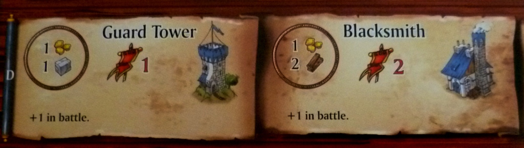 Two of the first buildings in a row, each giving 1 battle strength in future battles