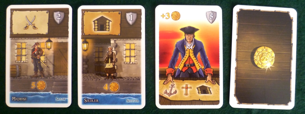 2 Character cards a bonus point card and the reverse showing money