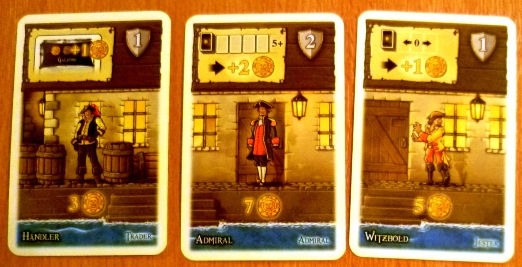 Part of a players layout, the Trader gives an extra cash on Black boats, the admiral gives 2 cash if 5 or more cards are in the display and the Jester gives 1 cash if there are no cards in the display when it comes to your turn. There are also 4 victory points on show.