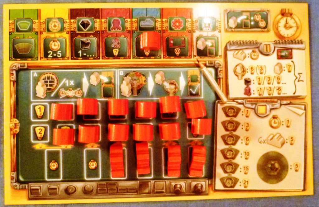 Players board, the top of the board showing the seven actions