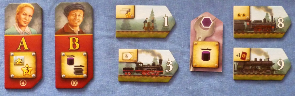 A couple of Engineers with trains flanking an Industry token