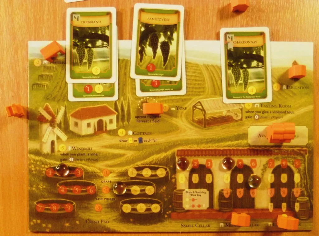 The orange players home-board, the glass beads indicate grapes harvested on the left and bottles of wine on the right