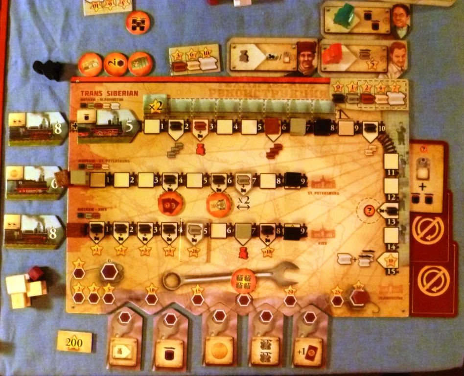 My personal board layout at the end of Russian Railroads