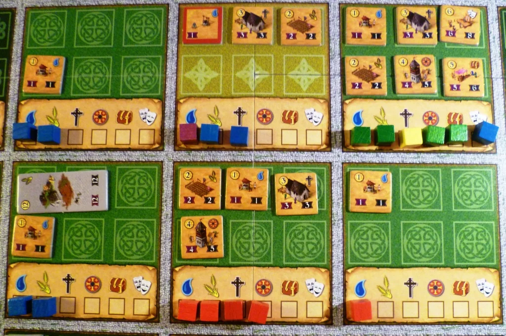 A section of the Canterbury board showing development in 6 areas, the markers at the bottom of each area show what services are being provided by various buildings. Larger buildings can influence adjacent areas.