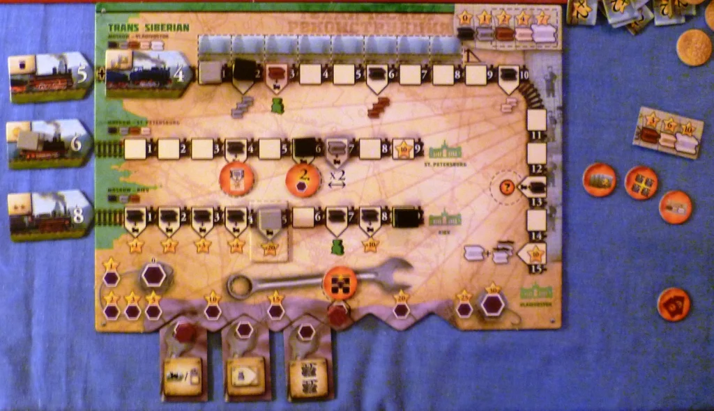 Part way through the game the leaders home board showing a completed bottom rail and a strong Industrial position.