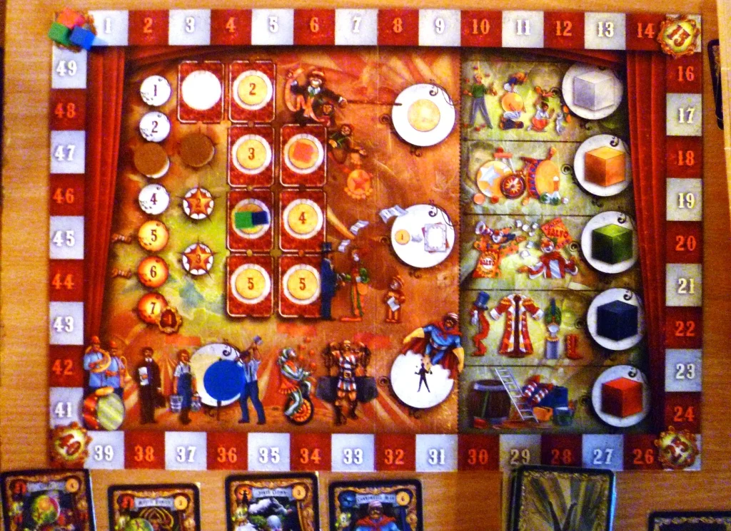 Drum roll board season 1 turn 3, no score yet, showing placement options, blue has gone for a helper (bottom left)