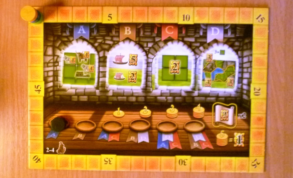 The scoreboard with the scoring tiles displayed for this game