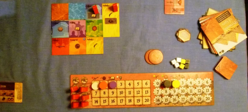 My position after a few turns, their are a total of eight factors to keep track of and the book-keeping in the first few games is not as straight-forward as you think