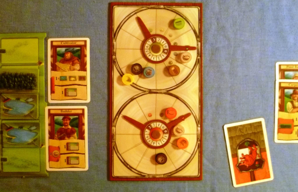 My resource dials, the cards to the left have been actioned by other players, so I played all 5 cards this round, sadly out of order
