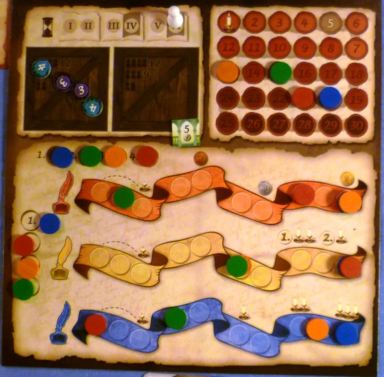 The three act tracks with blue reaching the end in all three (nicely calculated), score track top right shows red ahead by 1 point at the end but a top score of 21 shows how hard it is to obtain victory points.