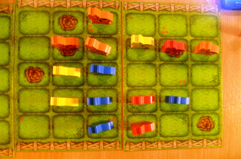 Aerial view of the cows, please note that red only has 3 on the board as his fourth one keeps getting sent backwards!!!
