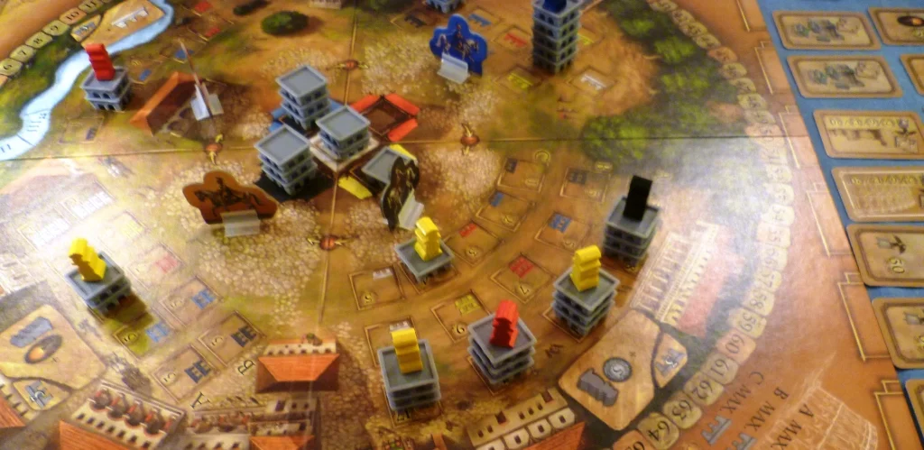 A view of the centre of the board showing the shops full of bricks, away from the centre are the building areas