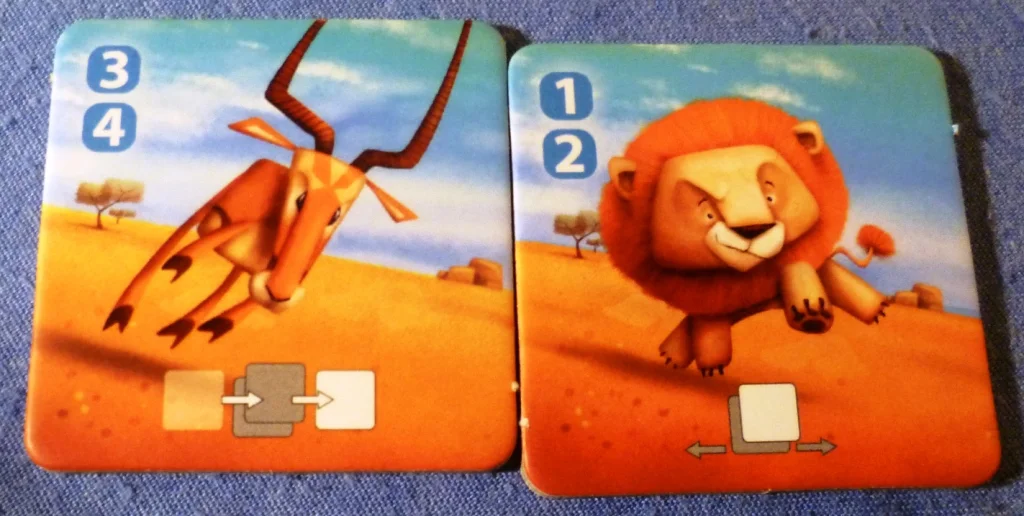 The Antelope can be moved with rolls of 3 and 4, the Lion with rolls of 1 and 2, their special ability is shown at the bottom of the tile
