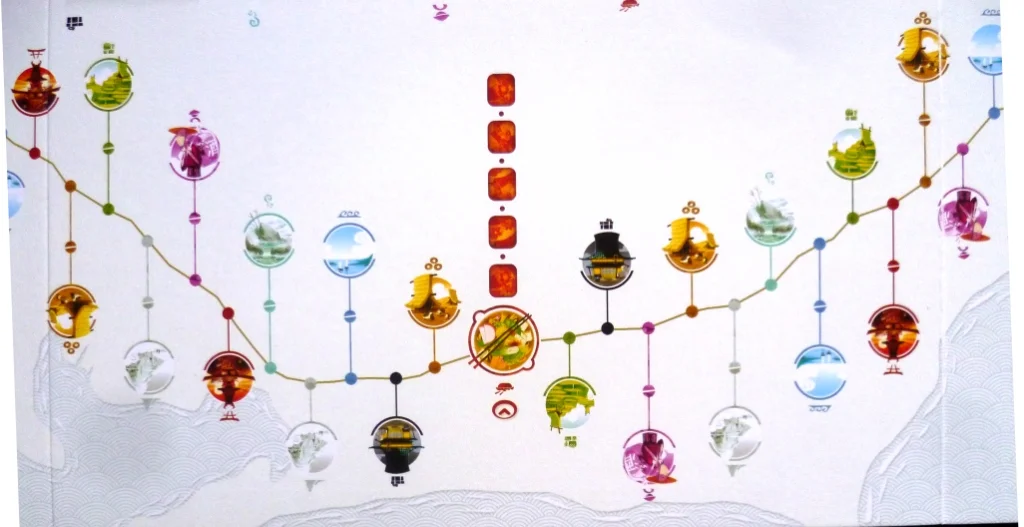 A closer look at a section of the board, the small round spots are the playing piece stopping spaces